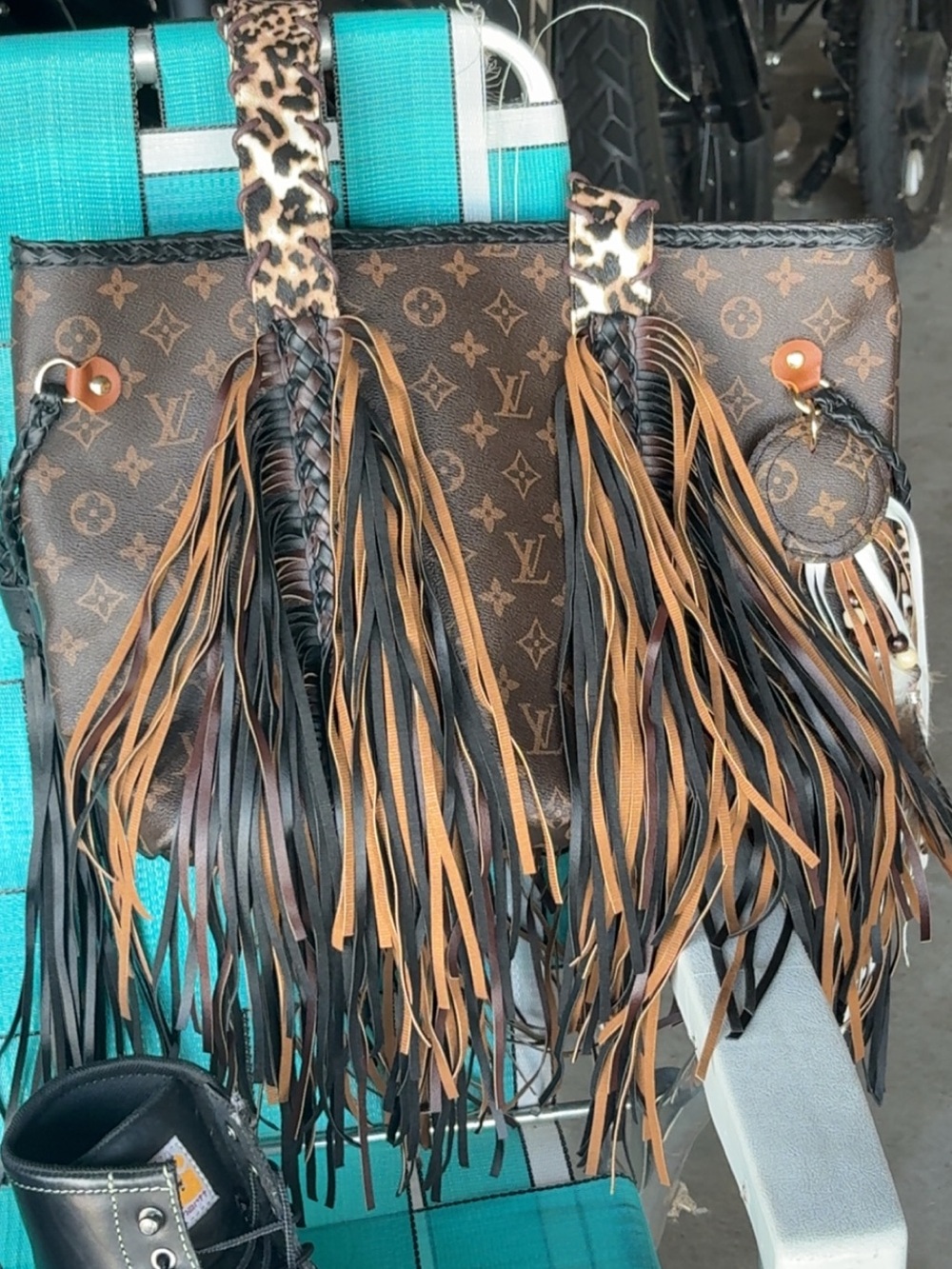 Brown Monogram Fringe Tote with Leopard Strap